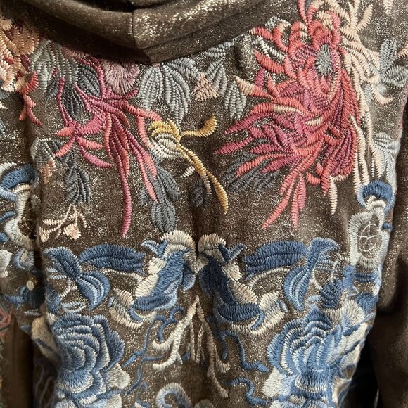 Pre owned Johnny Was BIYA Srika Khaki Green Shimmer Sueded Embroidered Hoodie - Picture 10 of 16